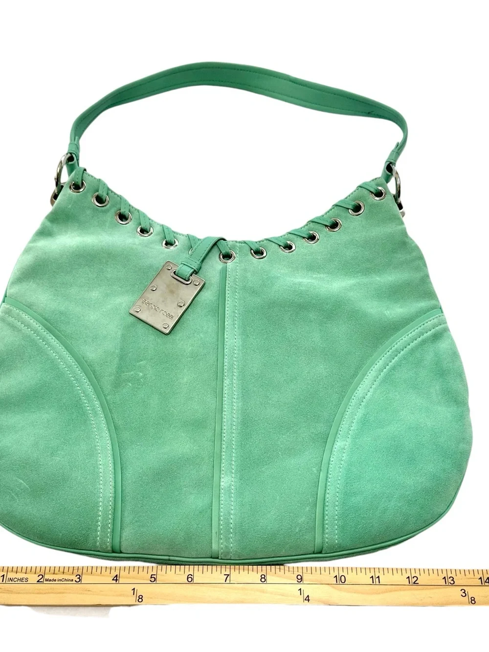 Sergio Rossi Mint Green Suede Hobo Shoulder Bag Grommet Hardware Italy Vintage